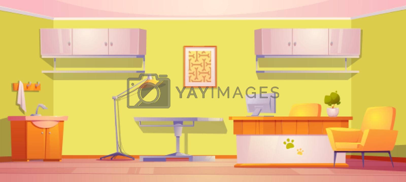 Vet clinic room for medical aid and exam pets. Vector cartoon interior of veterinarian office with doctor desk with computer, table with lamp for examine domestic animals, sink and shelves
