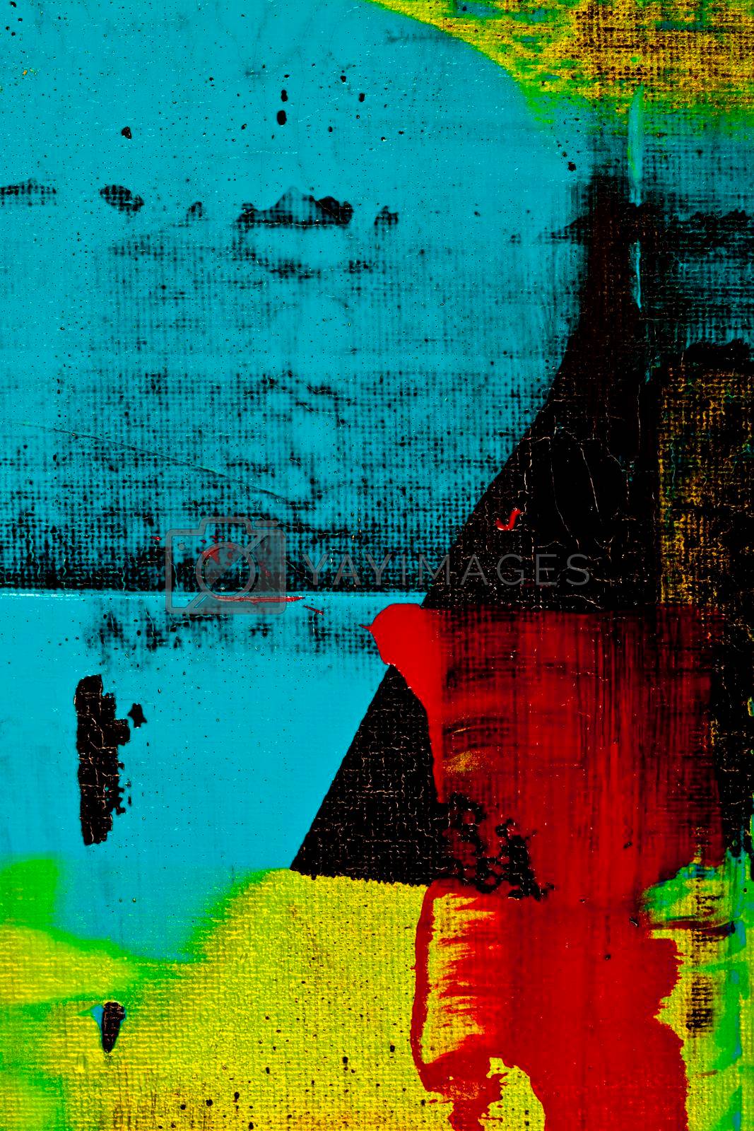 Blue, black, red and yellow shades colored wall texture background. Decorative art.