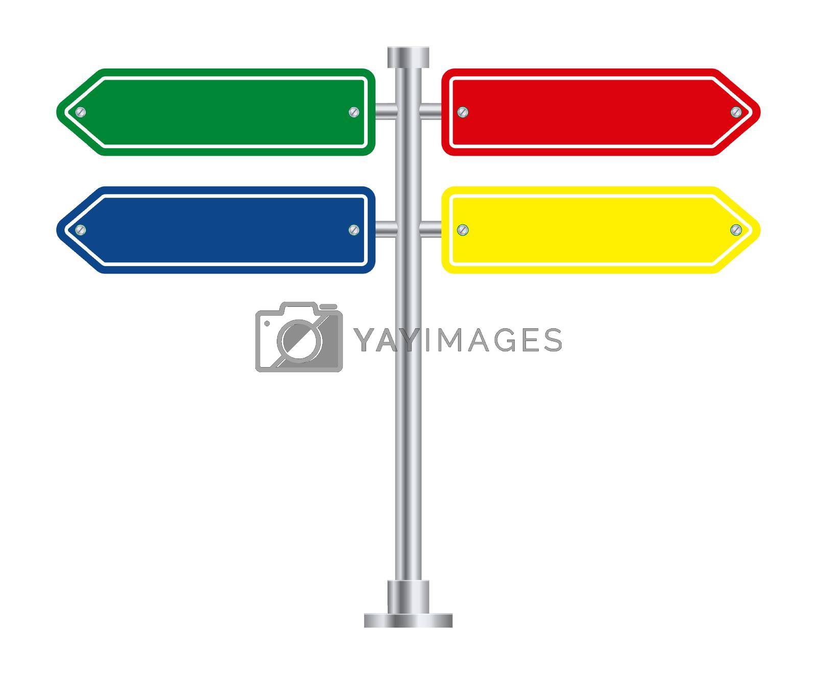 Royalty free image of Signpost with color arrows. Direction pointer road sign by LadadikArt