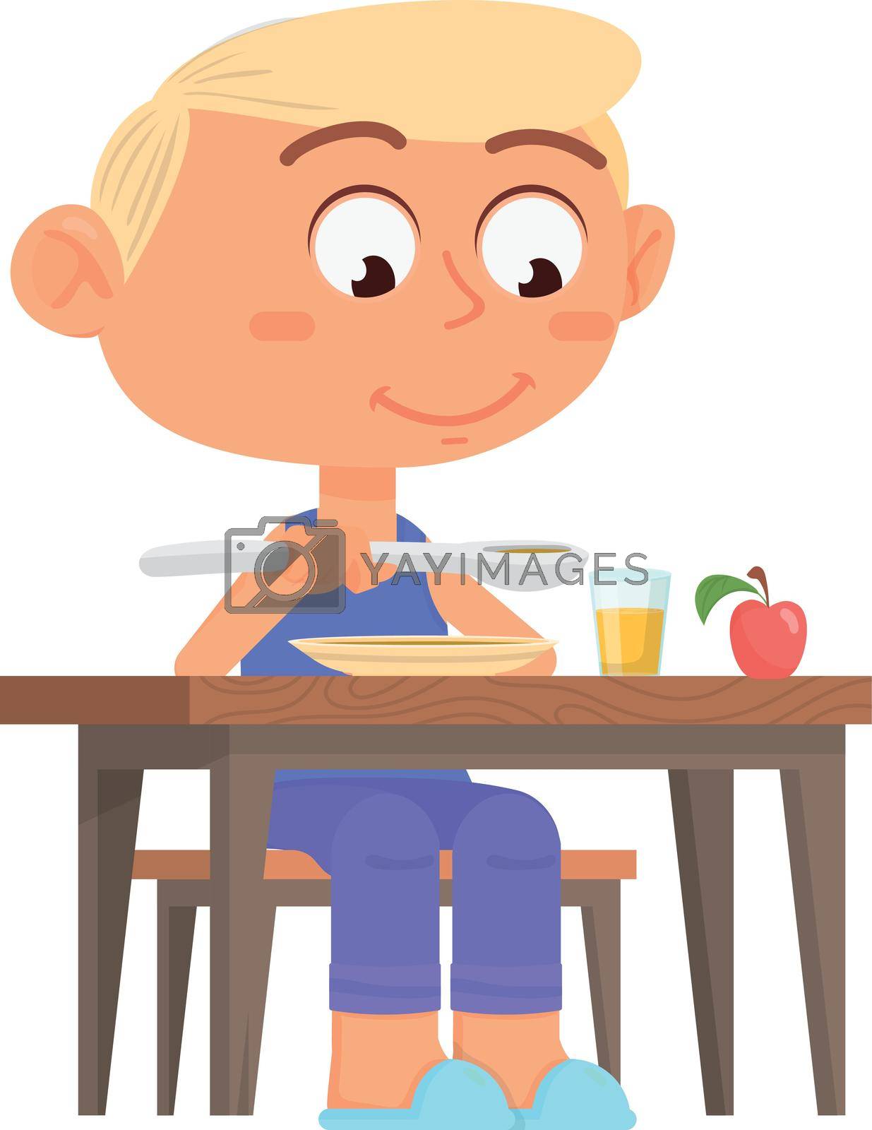 Royalty free image of Cartoon boy eating. Cute kid sitting at dinner table by LadadikArt
