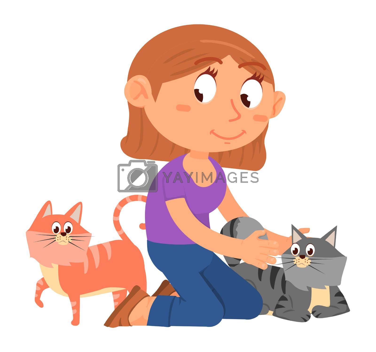 Girl playing with two cats. Kid caress pets. Vector illustration