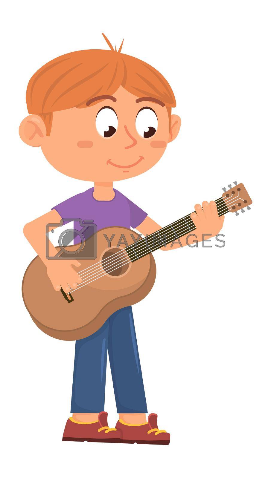 Royalty free image of Kid playing guitar. Young musician practice. Cartoon boy by LadadikArt