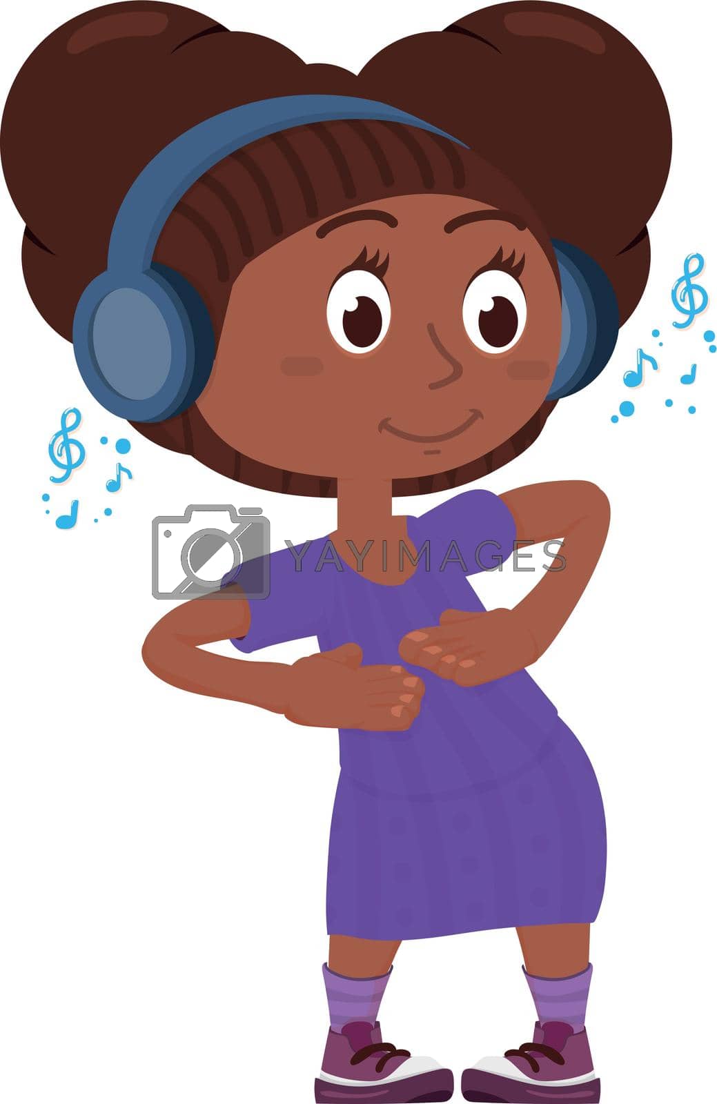 Royalty free image of Cute black girl in headphones listening music and dancing by LadadikArt