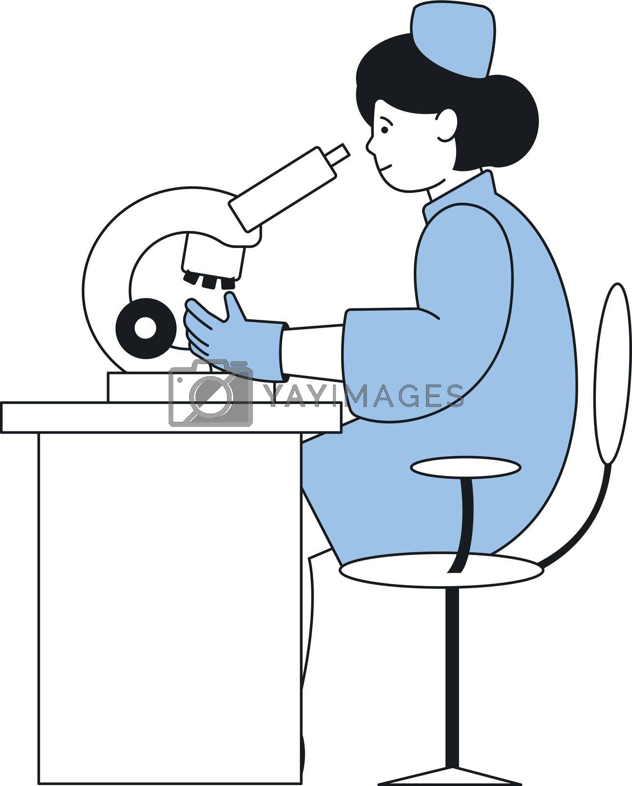 Royalty free image of Lab worker looking at microscope. Scientist woman icon by LadadikArt