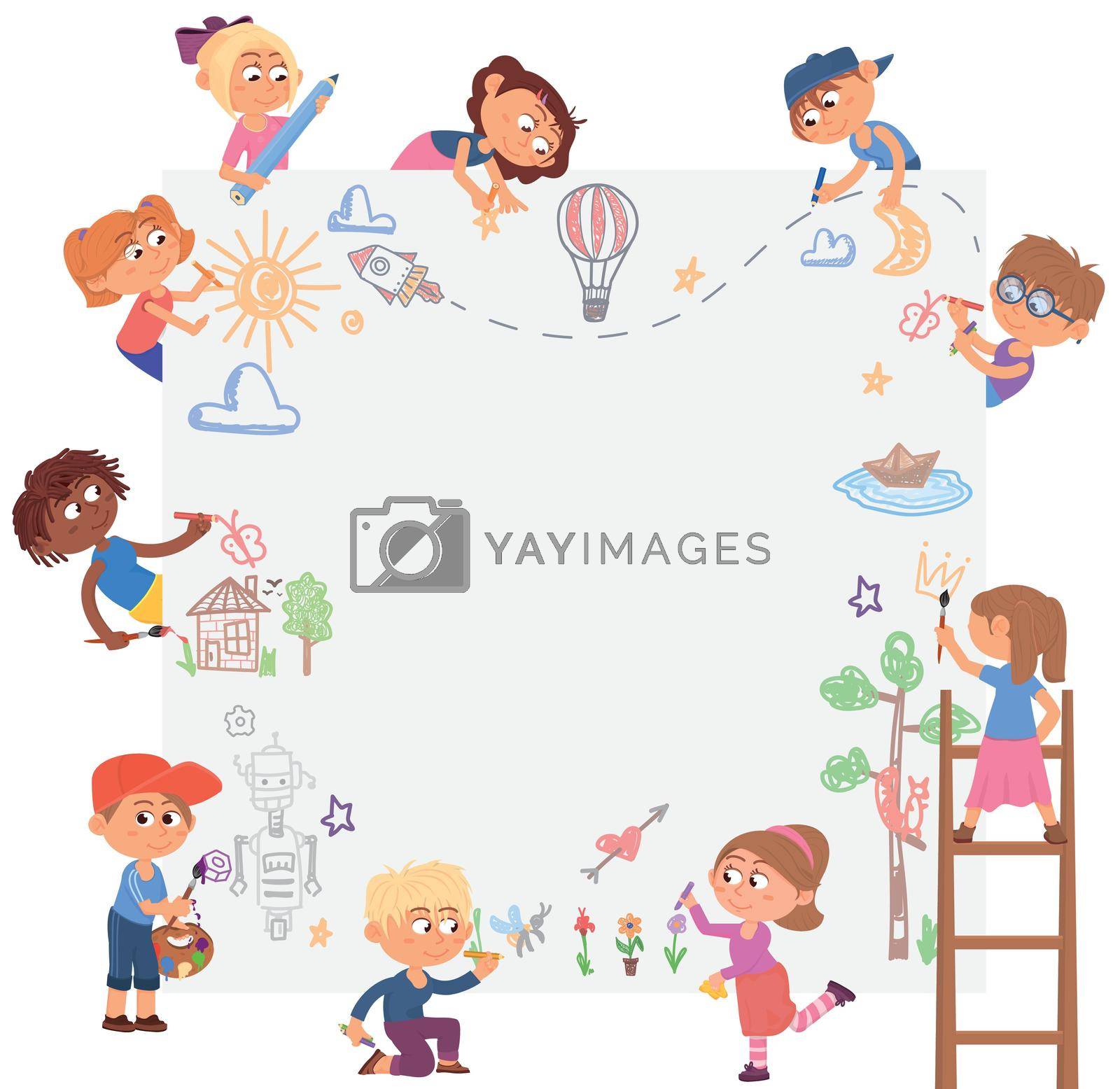Royalty free image of Kids drawing together on big white paper. Funny creative children by LadadikArt