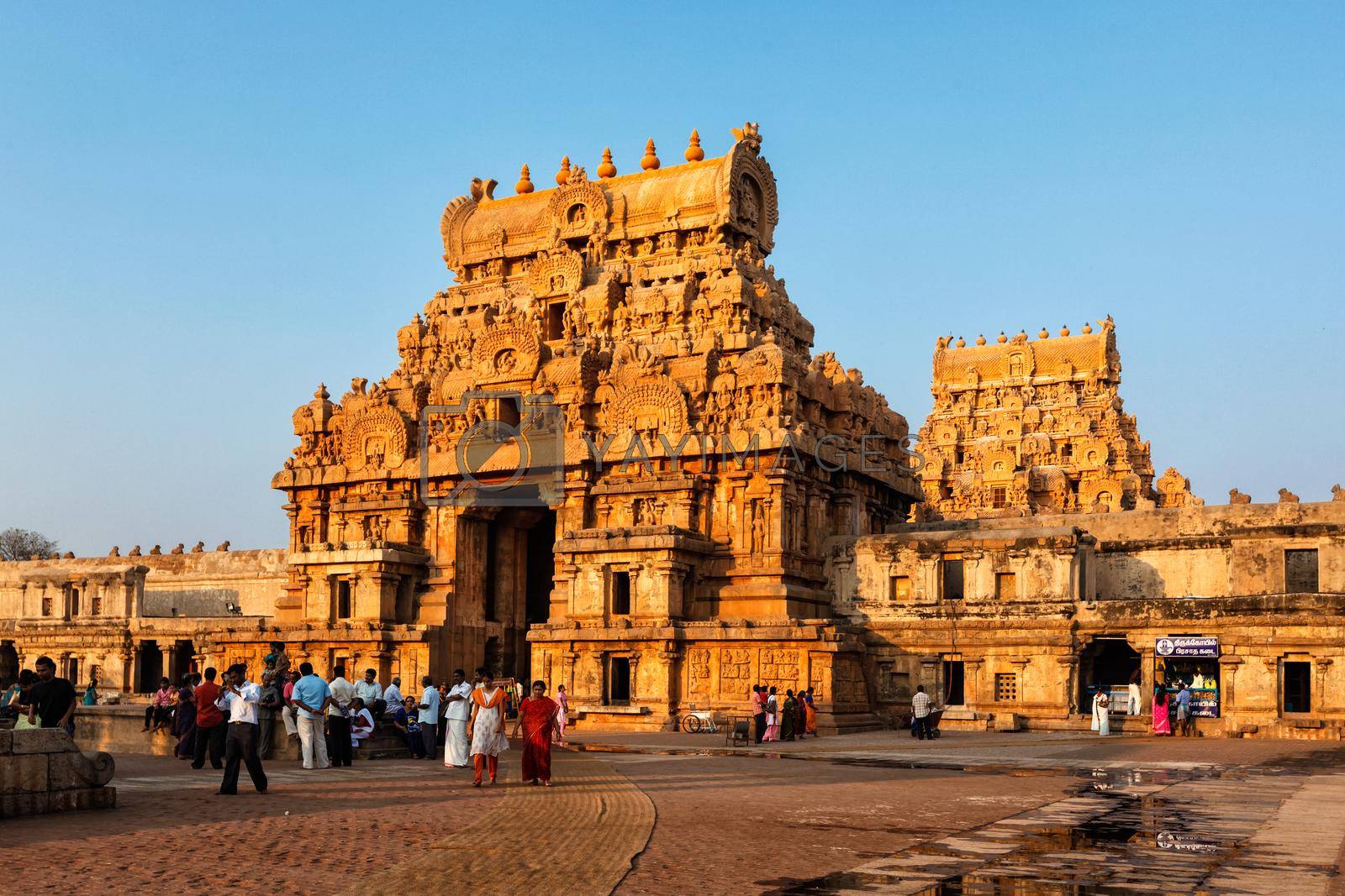 TANJORE, INDIA - MARCH 26, 2011: Famous Brihadishwarar Temple in Tanjore (Thanjavur), Tamil Nadu, India. UNESCO World Heritage Site and religious pilgrimage site Greatest of Great Living Chola Temples