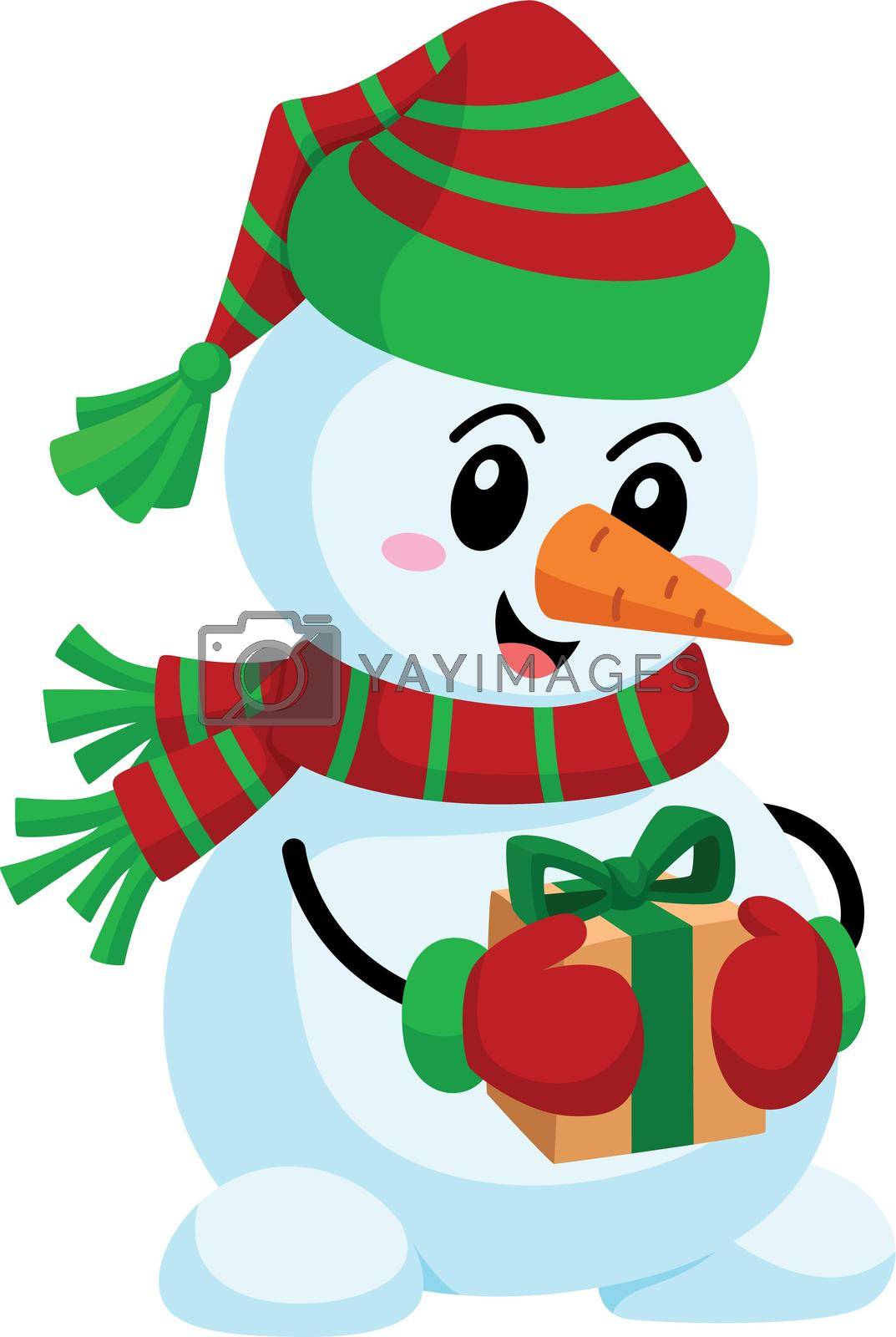 Funny snowman with gift box. Cartoon christmas celebration isolated on white background