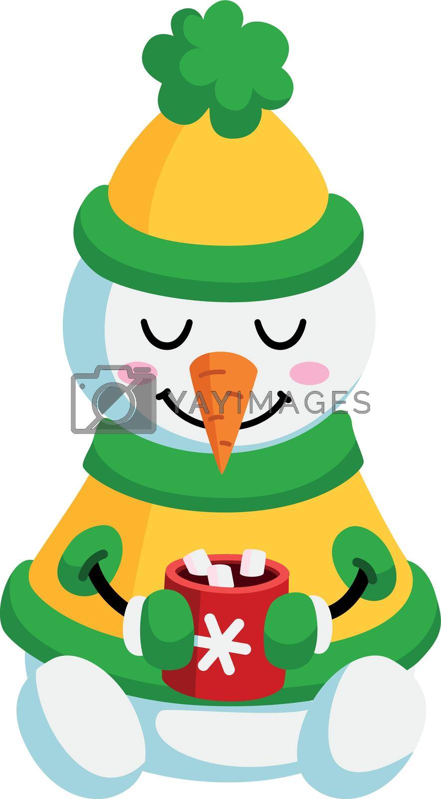 Royalty free image of Cocoa cup marshmallow in cute snowman hands. Cartoon cozy character by LadadikArt