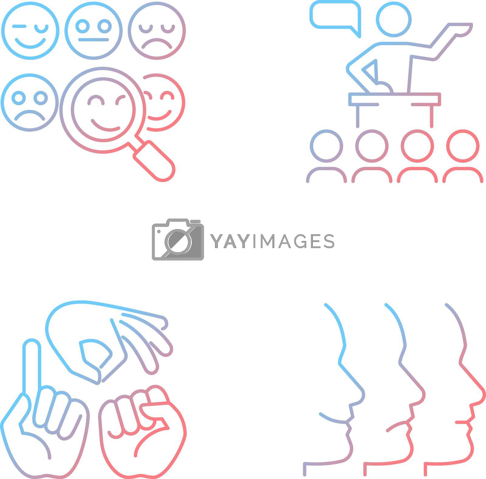 Building relationships with people gradient linear vector icons set. Reading emotions. Hand gestures. Facial expressions. Thin line contour symbols bundle. Isolated outline illustrations collection