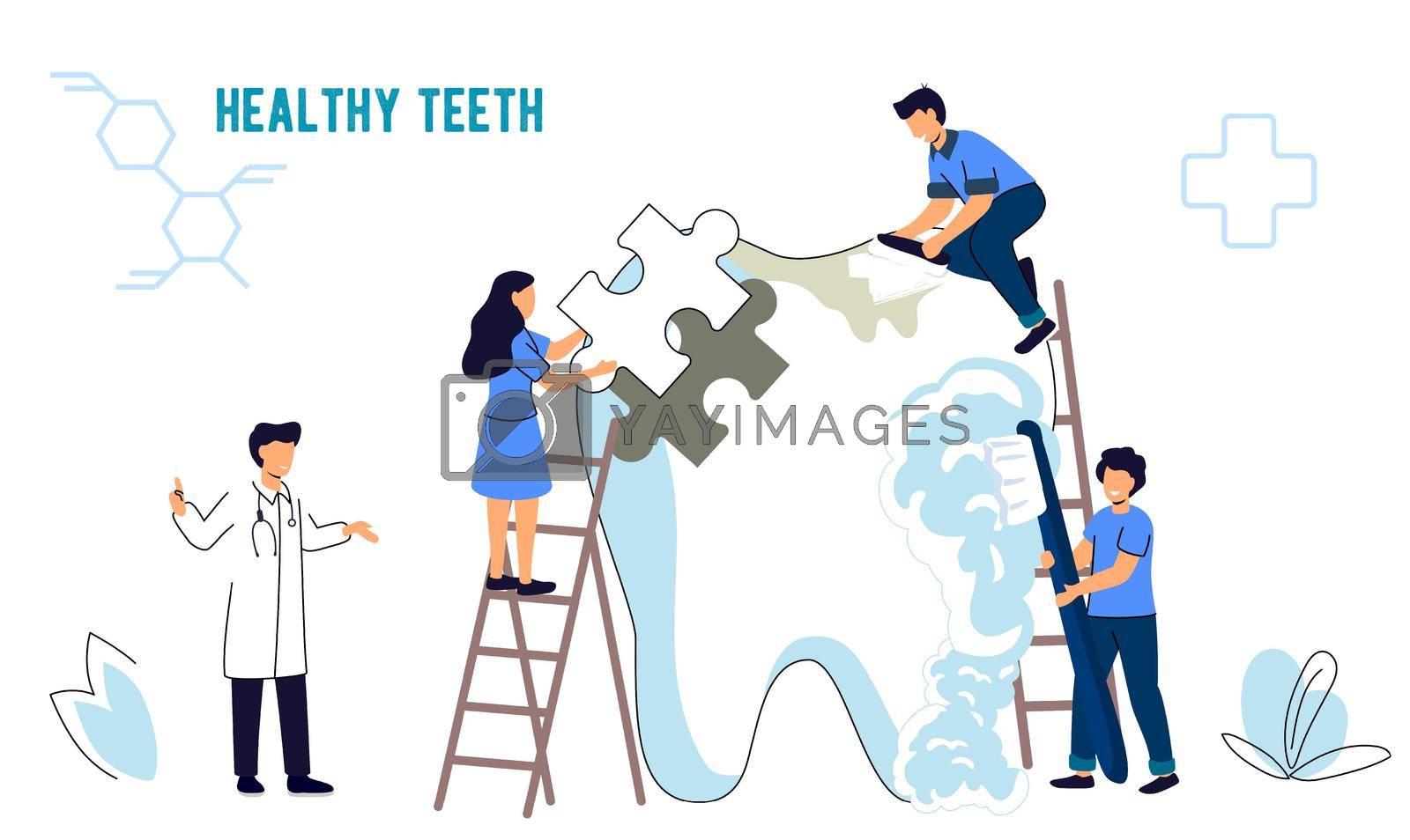 Dentist checkup Stomatology Dental Care flat vector illustration concept Dentistry work Tiny people caring for a tooth Protect human teeth from caries and health prevention. Hygiene technology