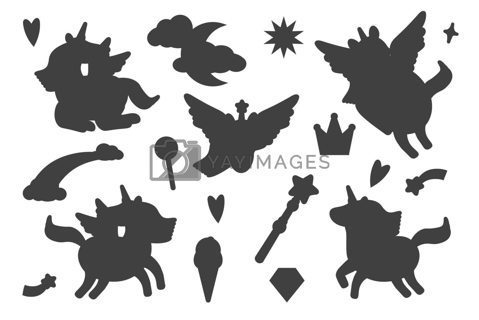 Royalty free image of Set of silhouette unicorns. Collection of black and white unicorns. Vector illustration of mythical animals. Figure magic horse. EPS by Alxyzt