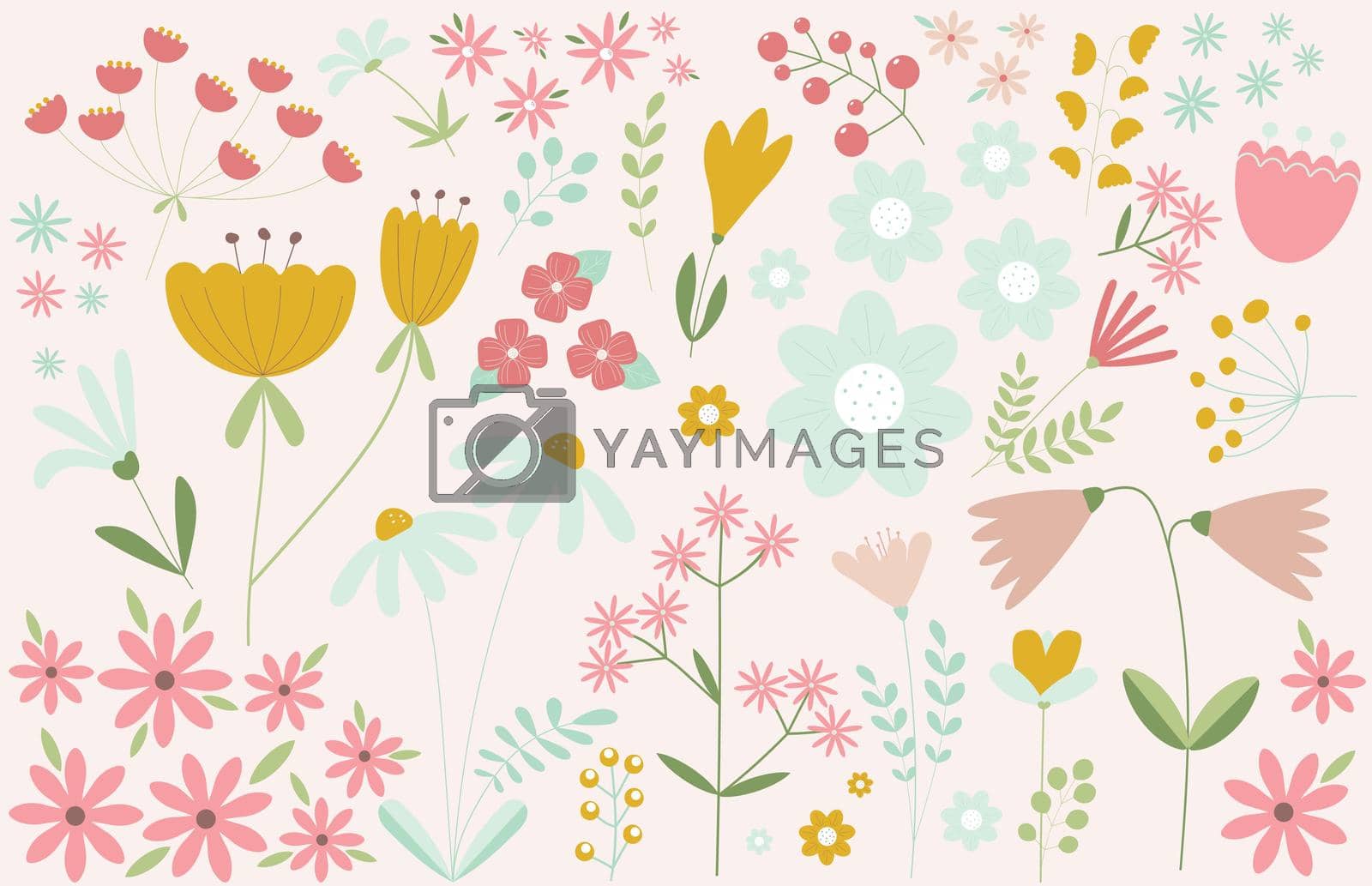 Seamless floral set with beautiful colorful flowers and leaves. Vintage blossom botanical decoration