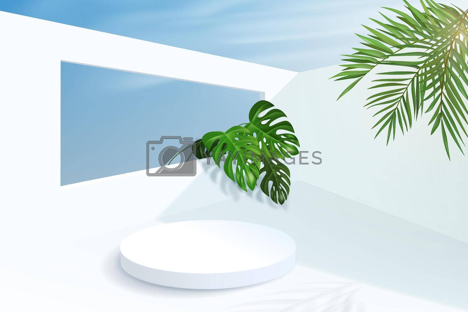 Royalty free image of Minimalistic background with cylindrical empty pedestal with walls and tropical plant leaves. Platform for displaying a product in summer on a sunny day. by jatmikaV