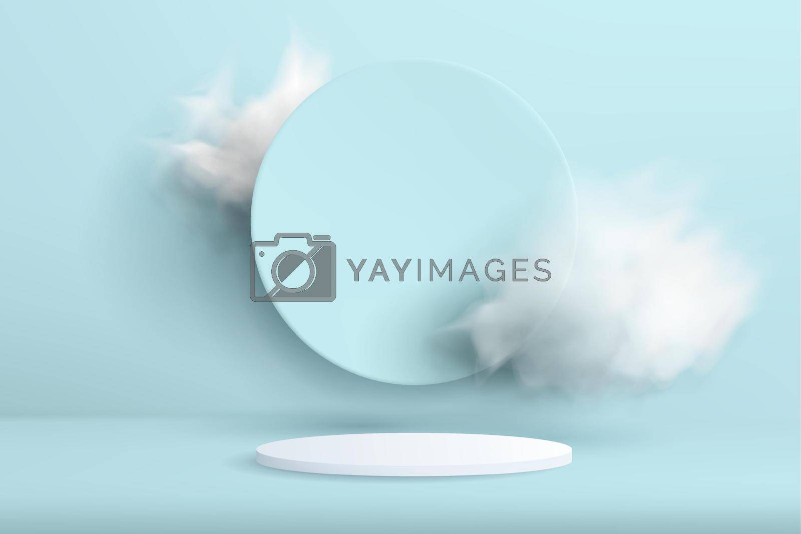 Royalty free image of Abstract background with a podium in a minimal style with clouds on the background. A realistic image of an empty cylindrical pedestal for product demonstration with a circle decoration. by jatmikaV