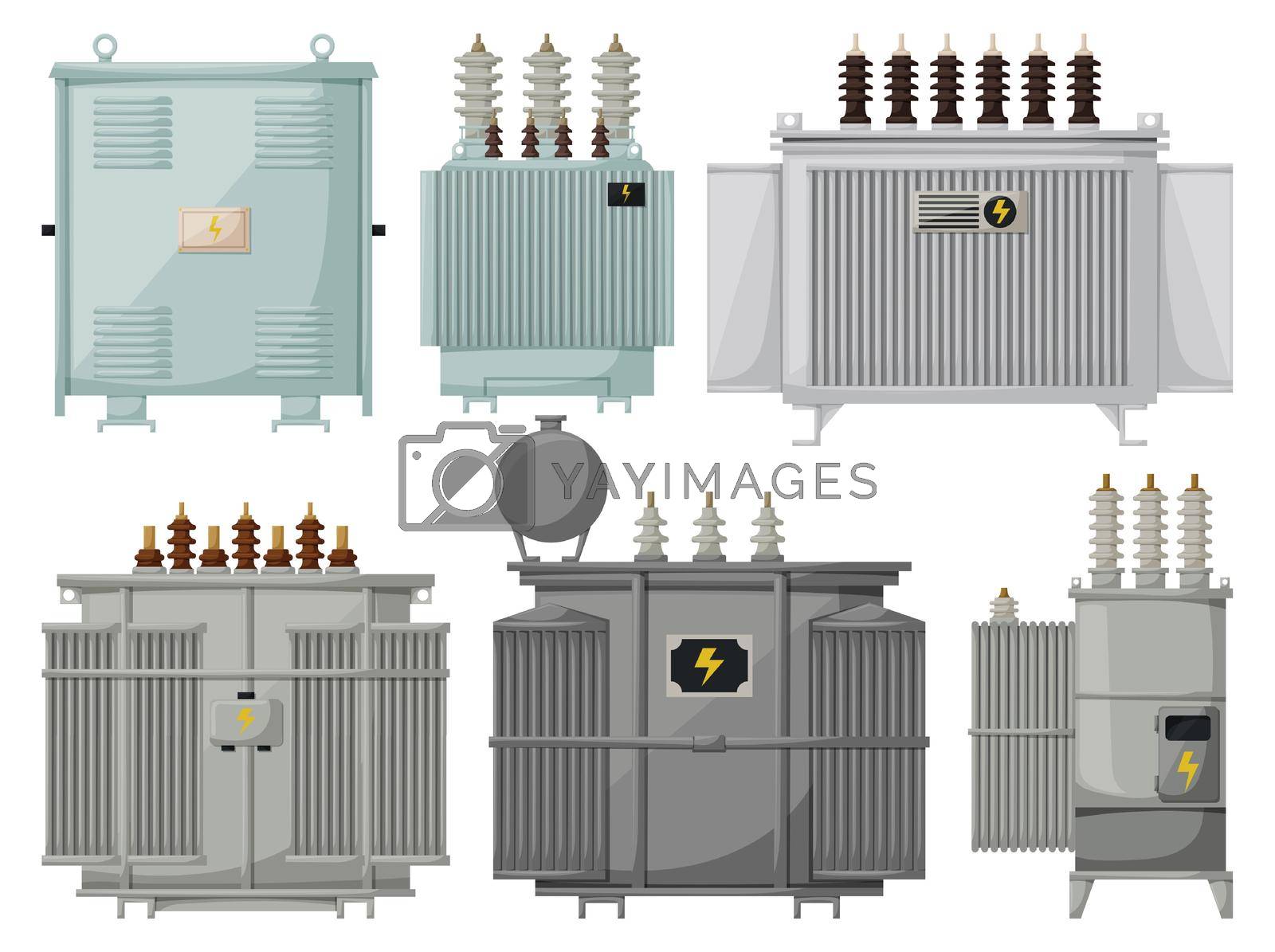 Royalty free image of Transformer vector installation on white background . Isolated cartoon set icon energy substation. Vector cartoon set icon transformer. by jatmikaV