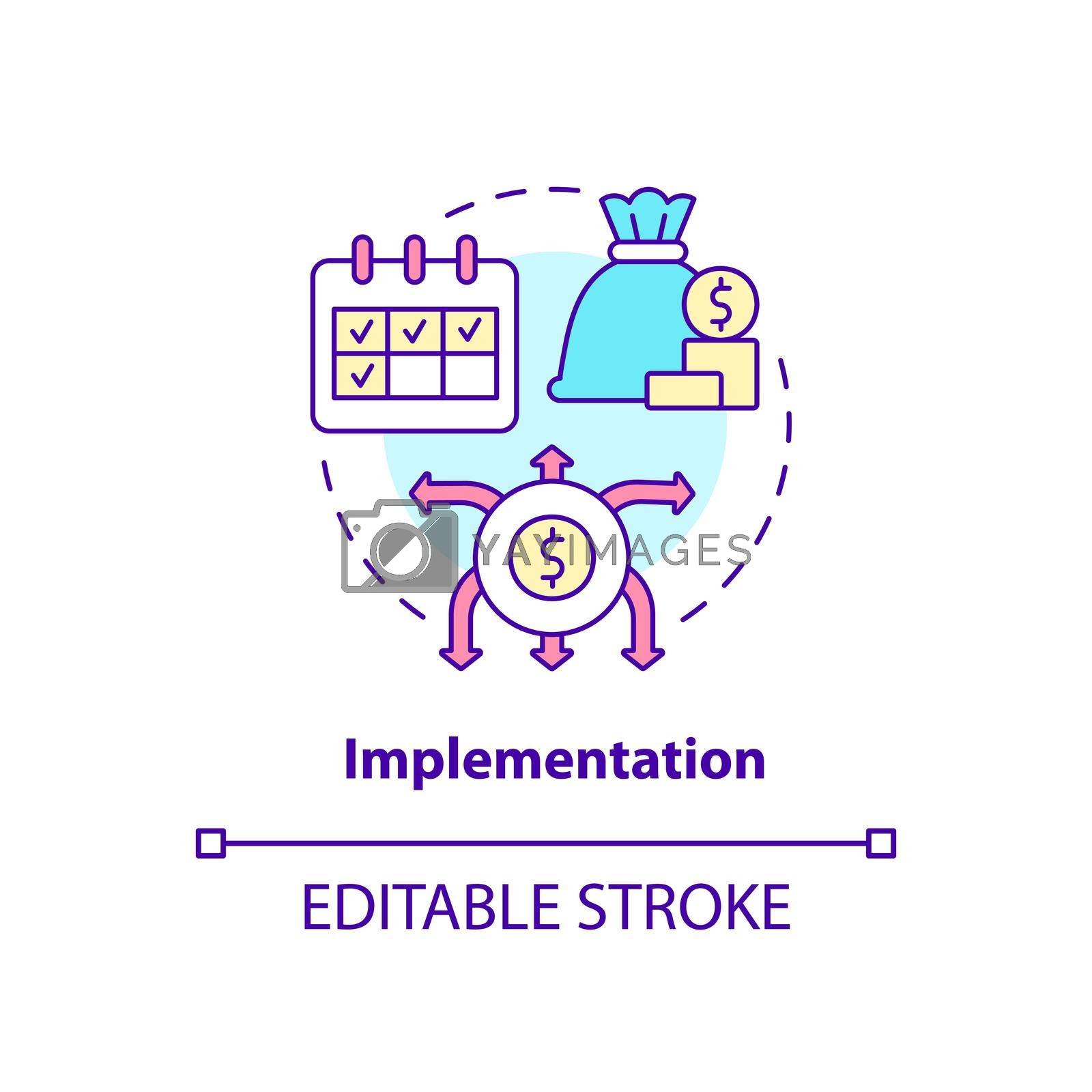 Implementation concept icon. Amended financial plan. Budgeting process abstract idea thin line illustration. Isolated outline drawing. Editable stroke. Arial, Myriad Pro-Bold fonts used