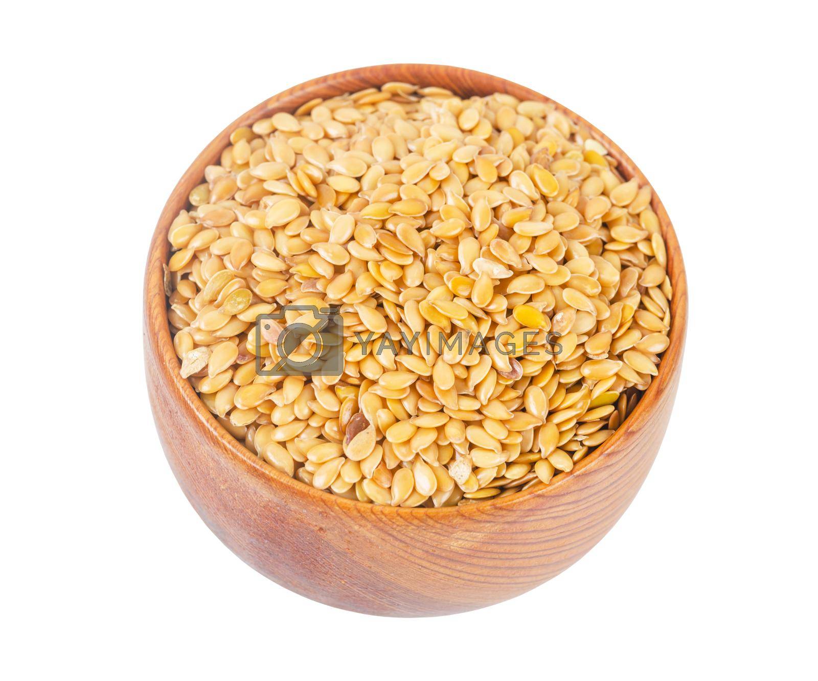 Royalty free image of Gold Flax seed in wooden bowl isolated on white background, Save clipping path. by Gamjai