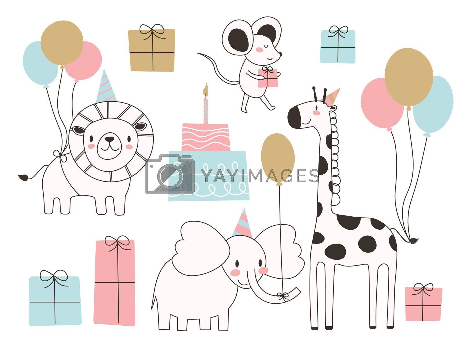 Set of cute cartoon animals for birthday card design
