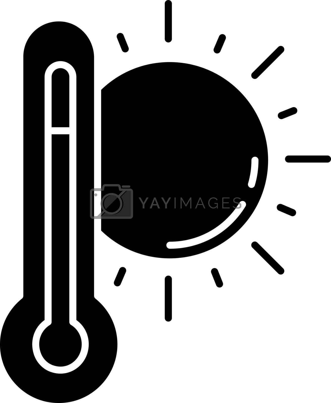 Hot weather black glyph icon. Summer heat, seasonal forecasting, meteorology science silhouette symbol on white space. Air temperature prediction. Thermometer with sun vector isolated illustration
