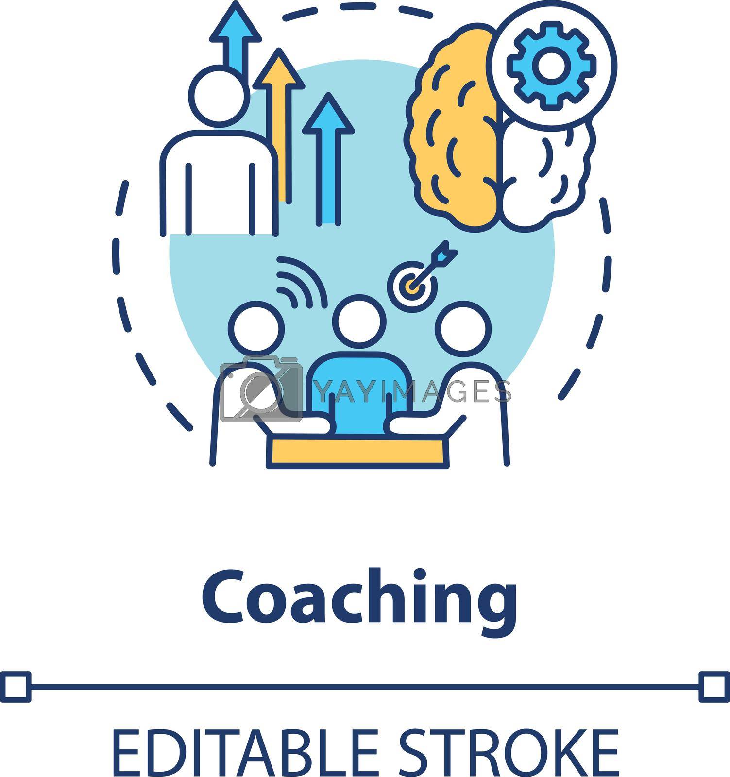 Coaching concept icon. Teaching, mentorship, teamwork idea thin line illustration. Group coworking skills development, team building. Vector isolated outline RGB color drawing. Editable stroke