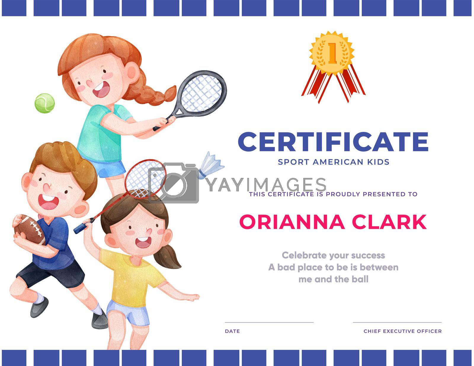 Certificate template with American sport kids concept,watercolor style