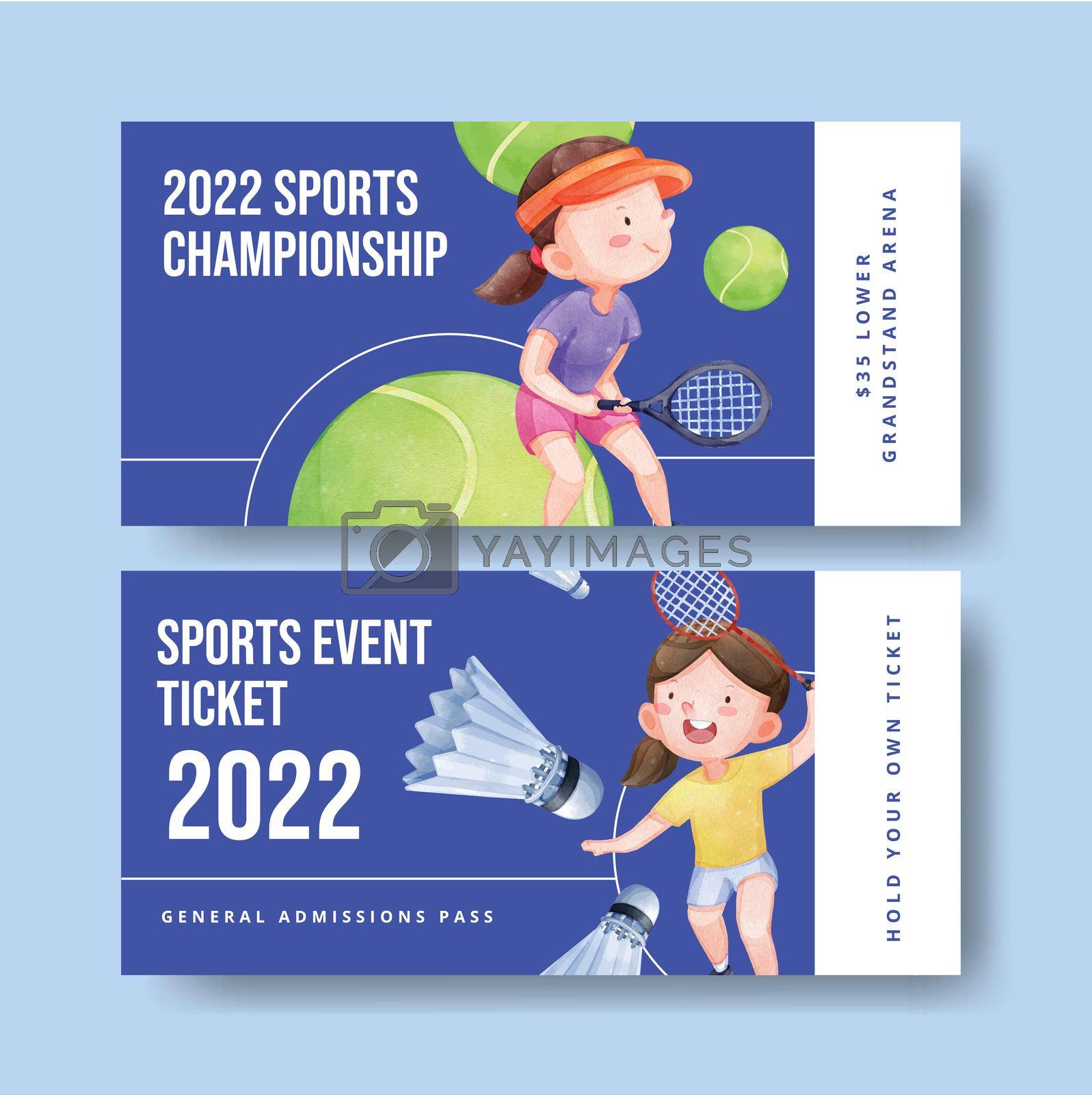Ticket template with American sport kids concept,watercolor style
