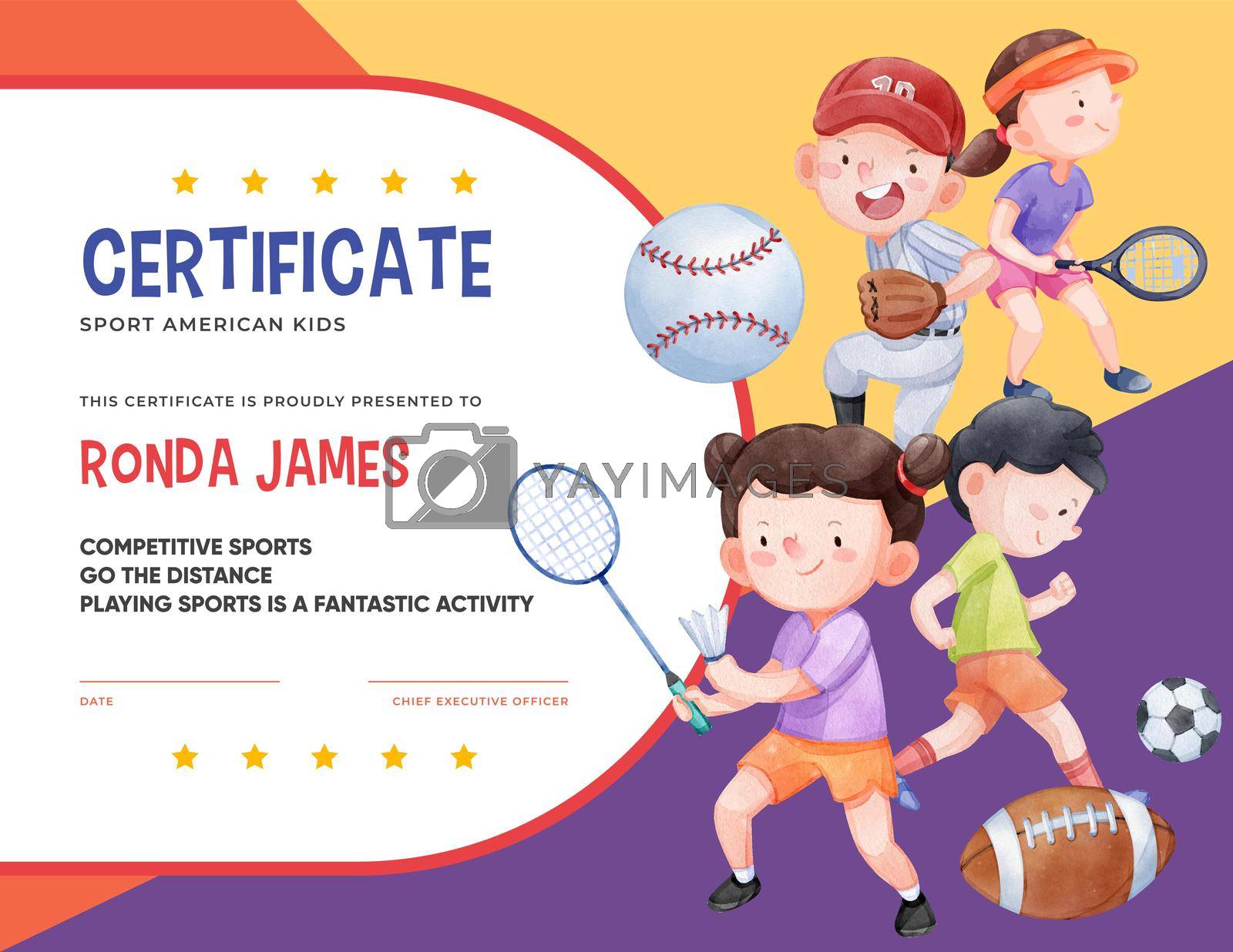 Certificate template with American sport kids concept,watercolor style
