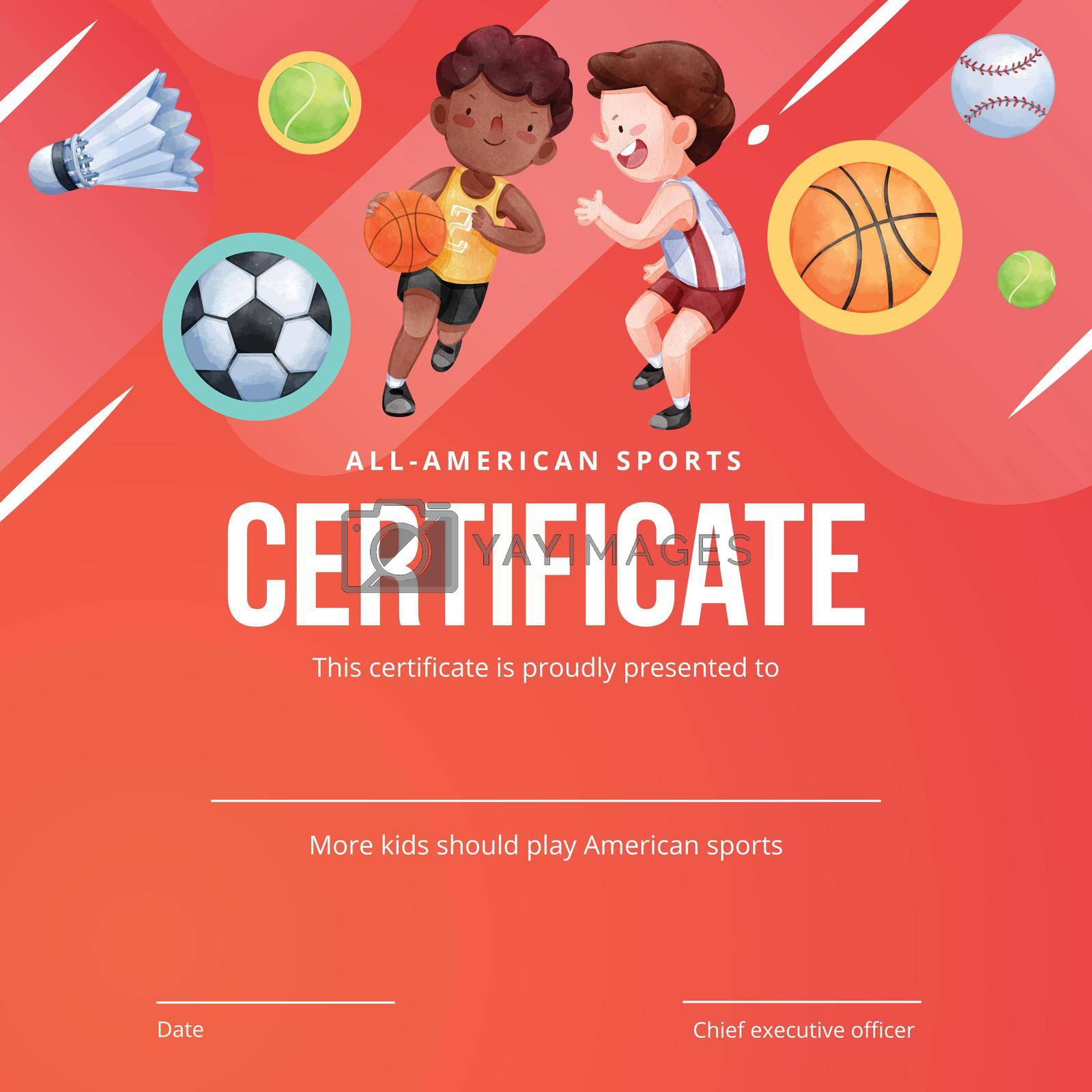 Certificate template with American sport kids concept,watercolor style
