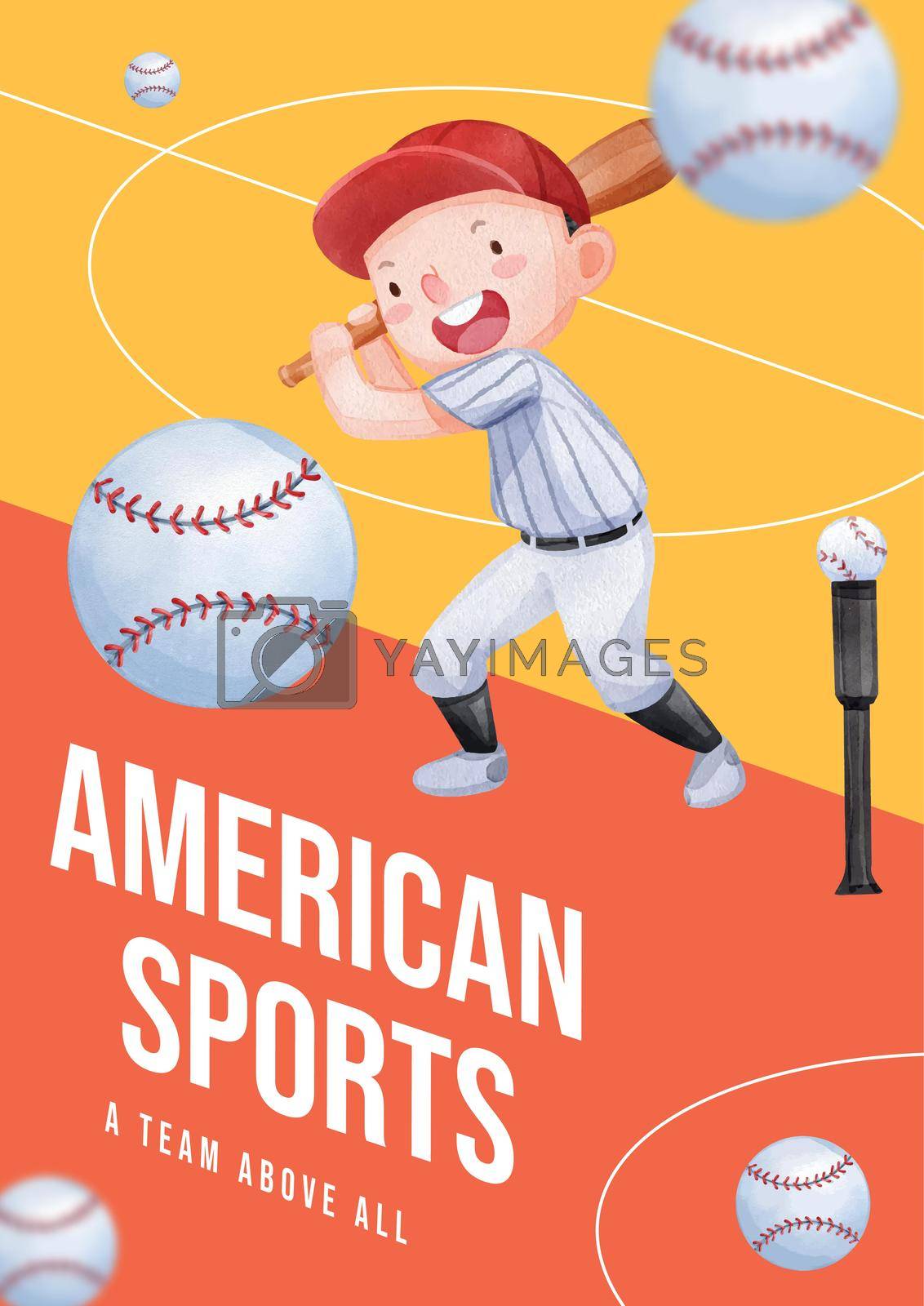Poster template with American sport kids concept,watercolor style
