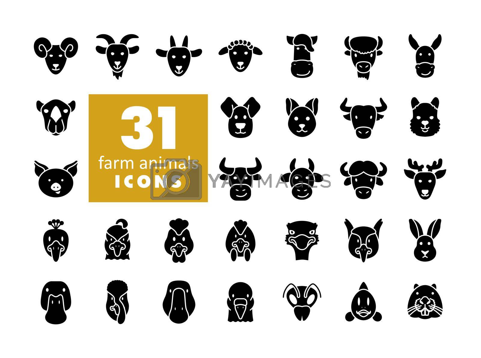 Farm animals isolated glyph icons set. Vector head illustration. Agriculture sign. Graph symbol for your web site design, logo, app, UI. EPS10.