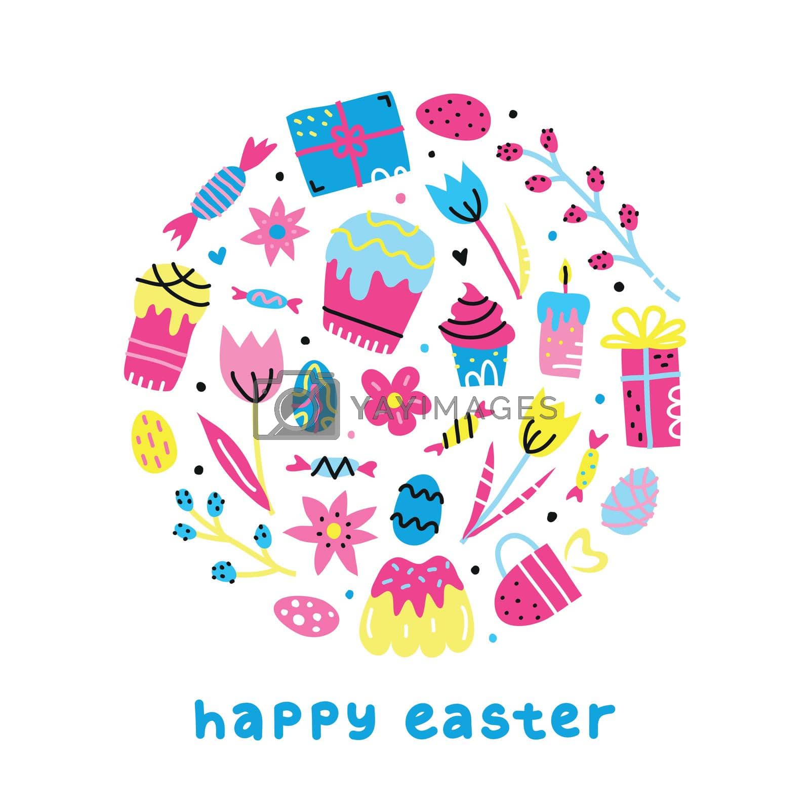 Colorful doodle icons for Easter celebration composed in circle shape.