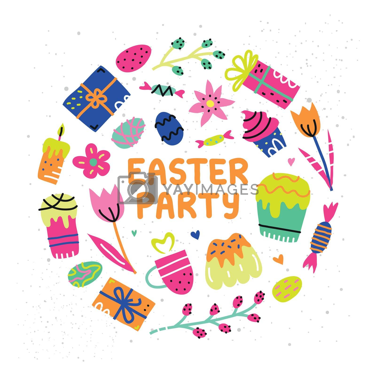 Colorful doodle icons for Easter celebration composed in circle shape with lettering.