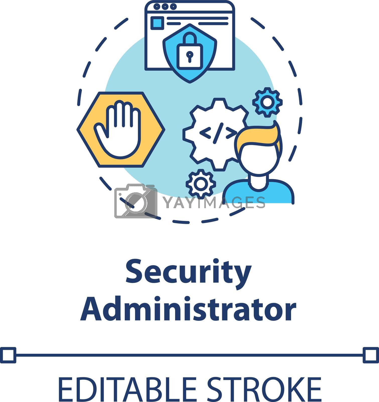 Security administrator concept icon. Cybersecurity career idea thin line illustration. Troubleshooting organization security solutions. Vector isolated outline RGB color drawing. Editable stroke
