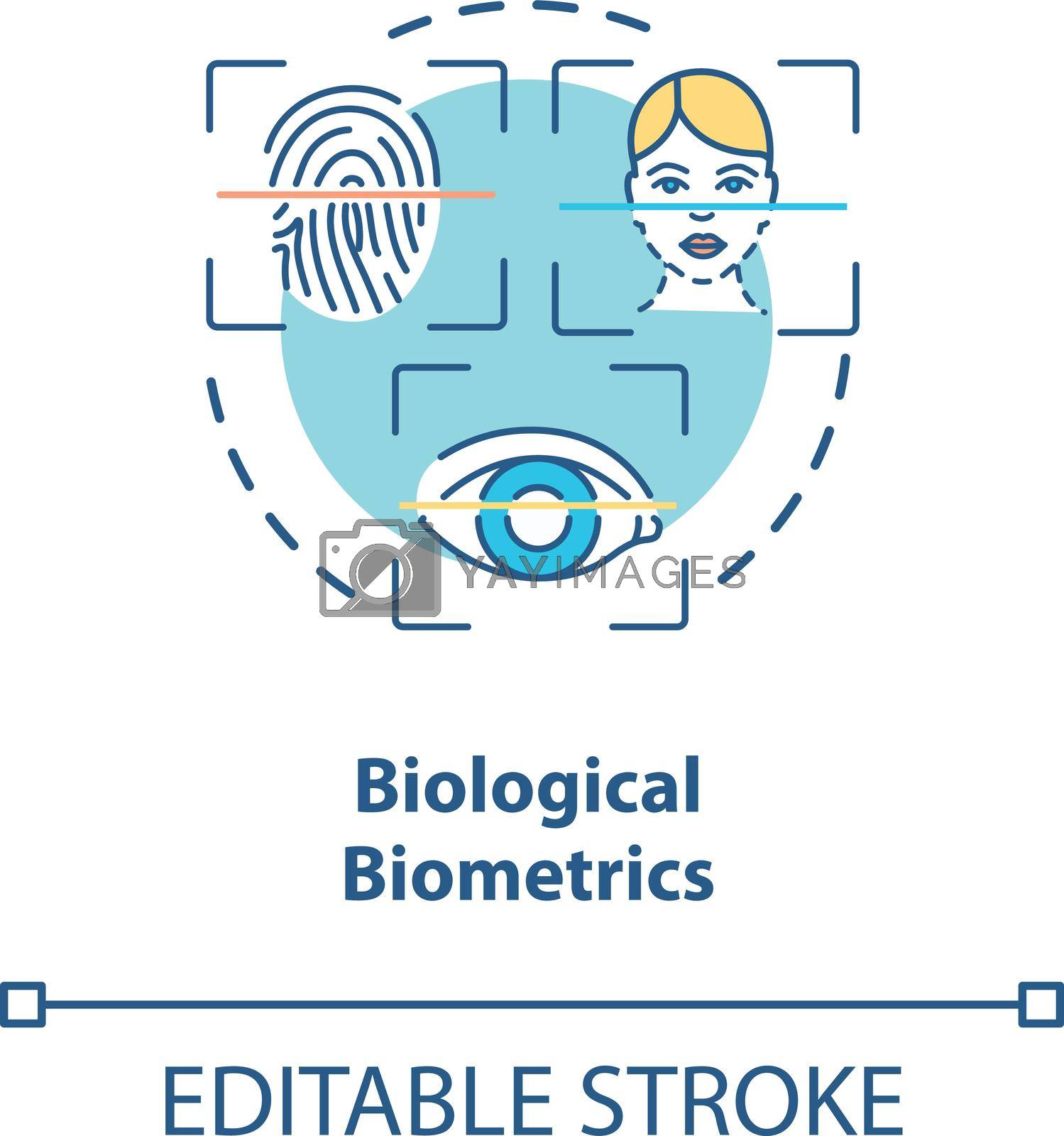Biological biometrics concept icon. Person finger print. Eye scanning system. Face recognition ideas idea thin line illustration. Vector isolated outline RGB color drawing. Editable stroke