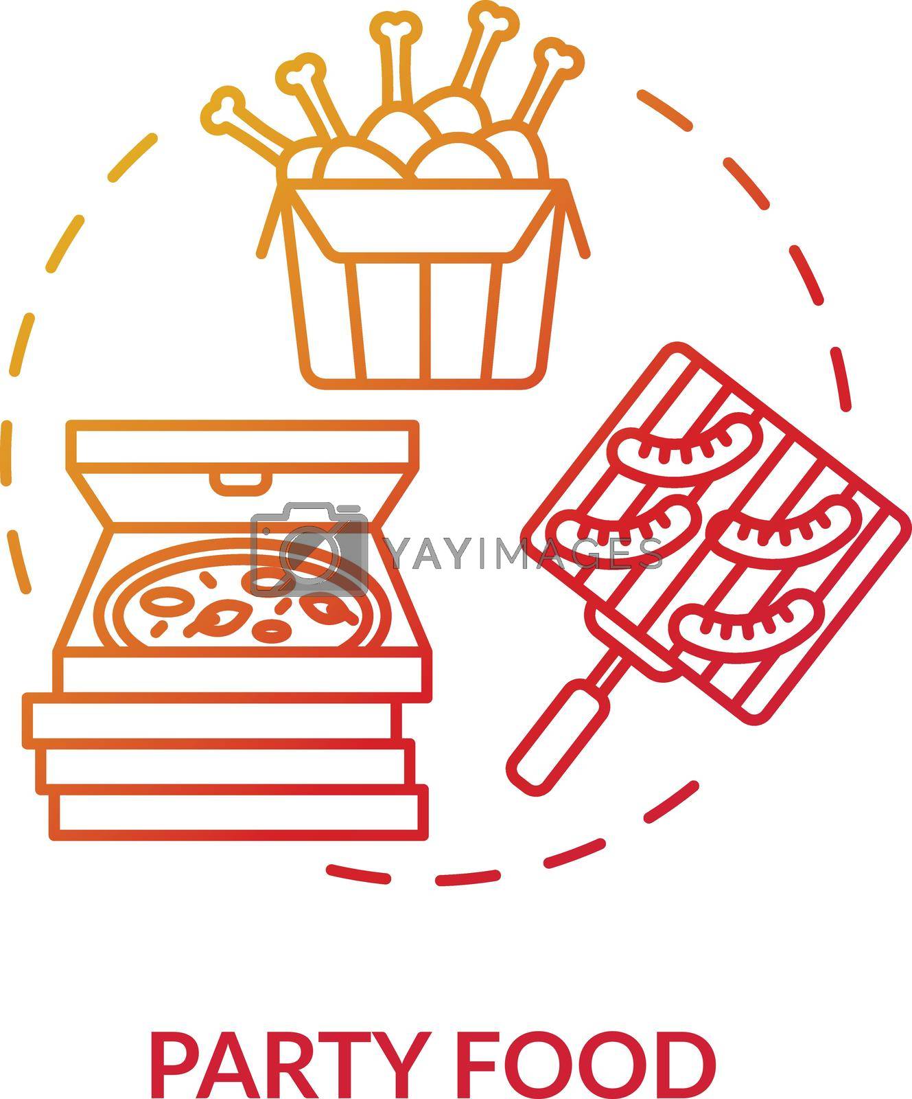 Party menu concept icon. Large amounts of tasty food. Big company meal offers advertisement. Fast food restaurant menu idea thin line illustration. Vector isolated outline RGB color drawing