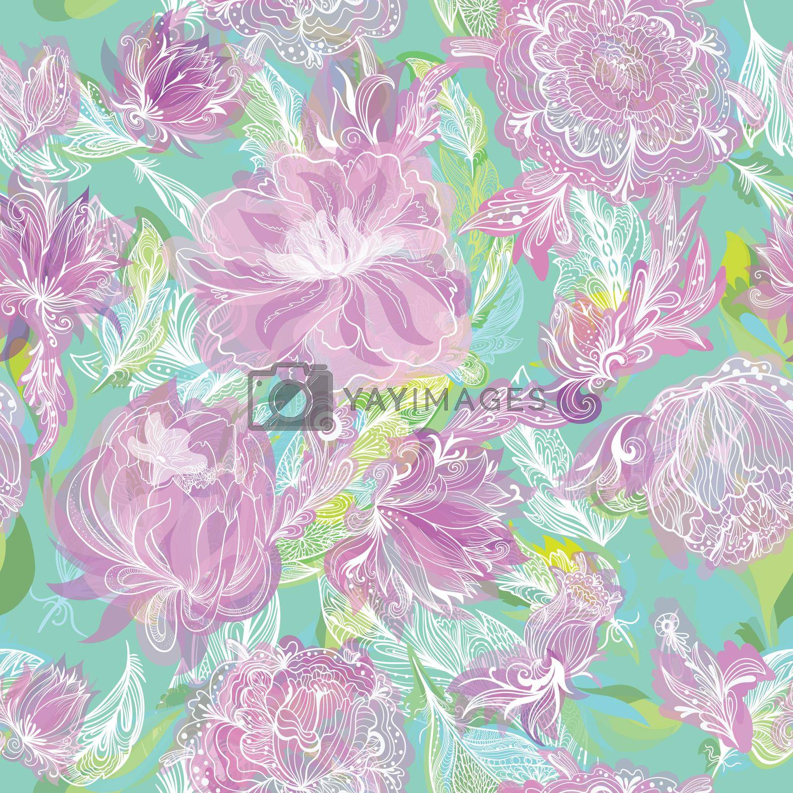 Sketch style magic pattern with peony, lily and lotus flowers on mint background