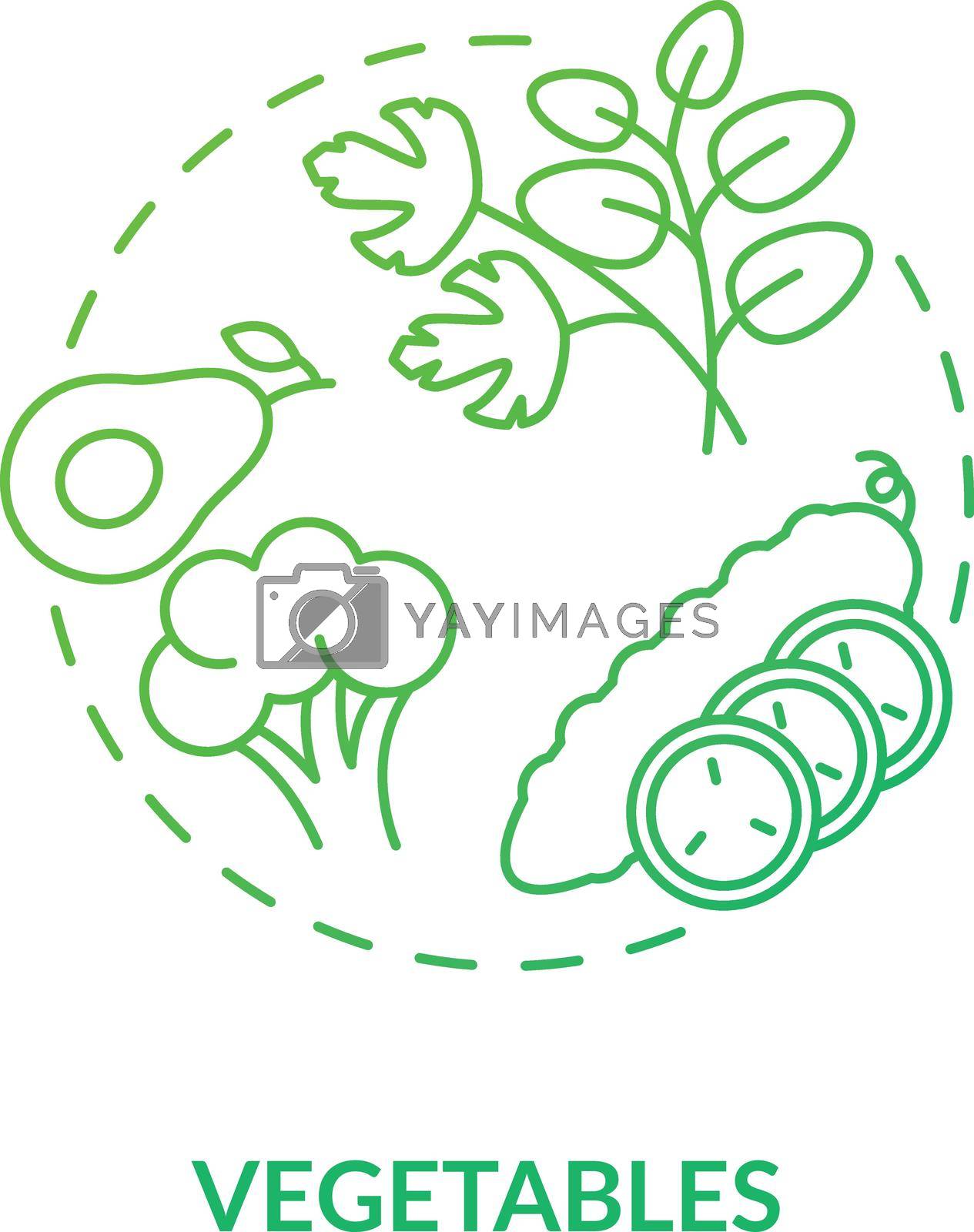Vegetables concept icon. Healthy meal organic components variety. Natural vegan meal. Vegetarian diet components idea thin line illustration. Vector isolated outline RGB color drawing