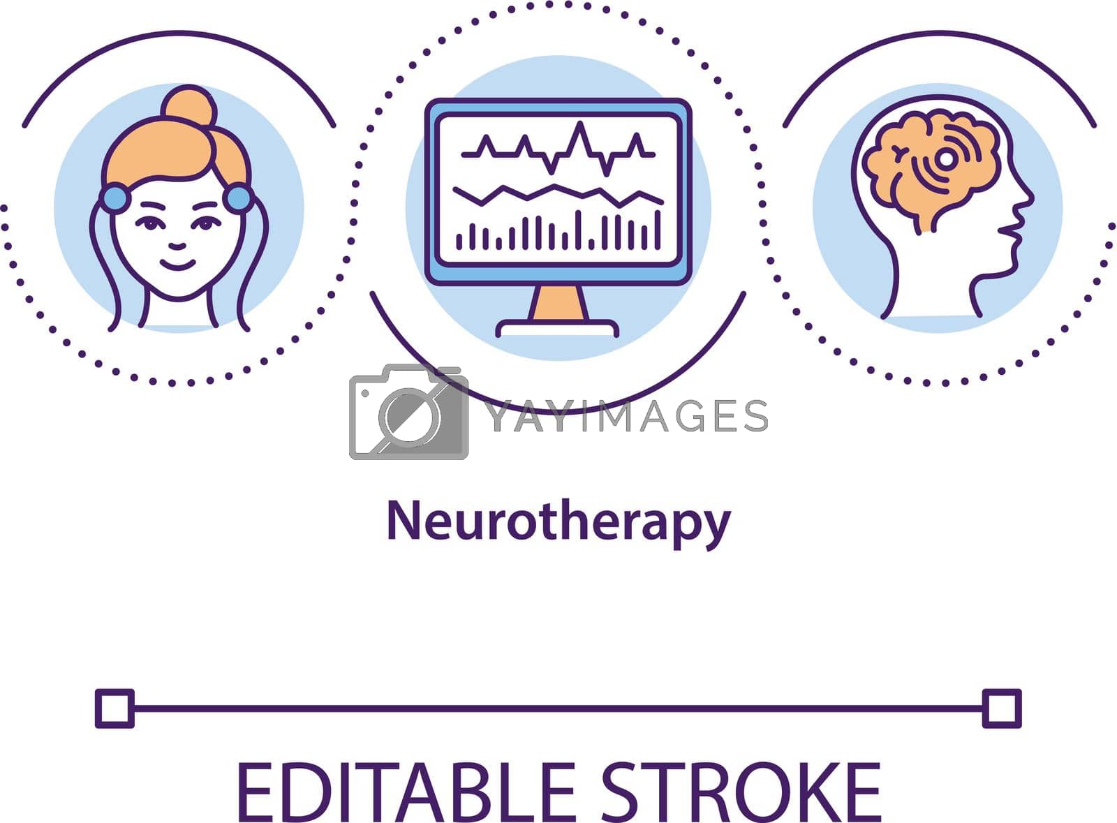 Neurotherapy concept icon. Neurological research, EEG test idea thin line illustration. Brain activity monitoring, checking neurofeedback. Vector isolated outline RGB color drawing. Editable stroke