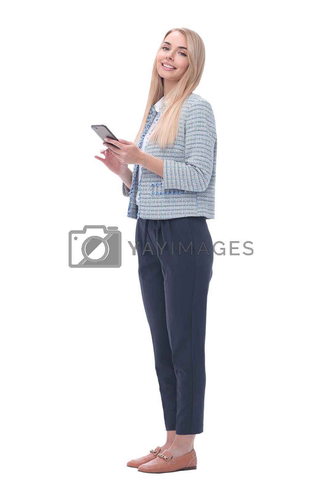 Royalty free image of smiling business woman reading e-mail on her smartphone. isolated on white by asdf