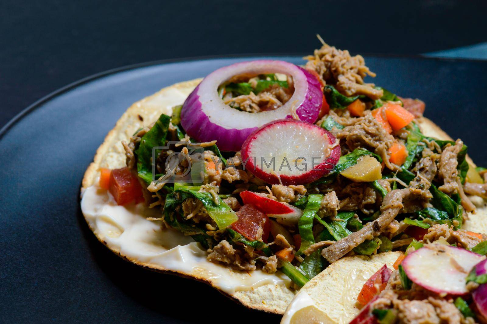 Royalty free image of Beef salpicon. Mexican spicy beef steak salad and tostadas by RobertPB