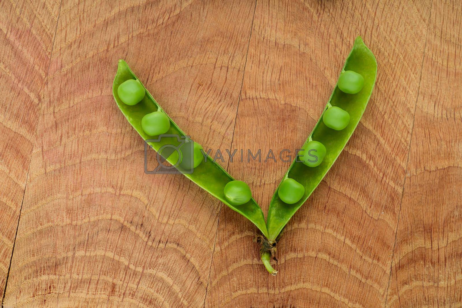Royalty free image of One opened stitch of peas, with grains of peas on a wooden board by A_A