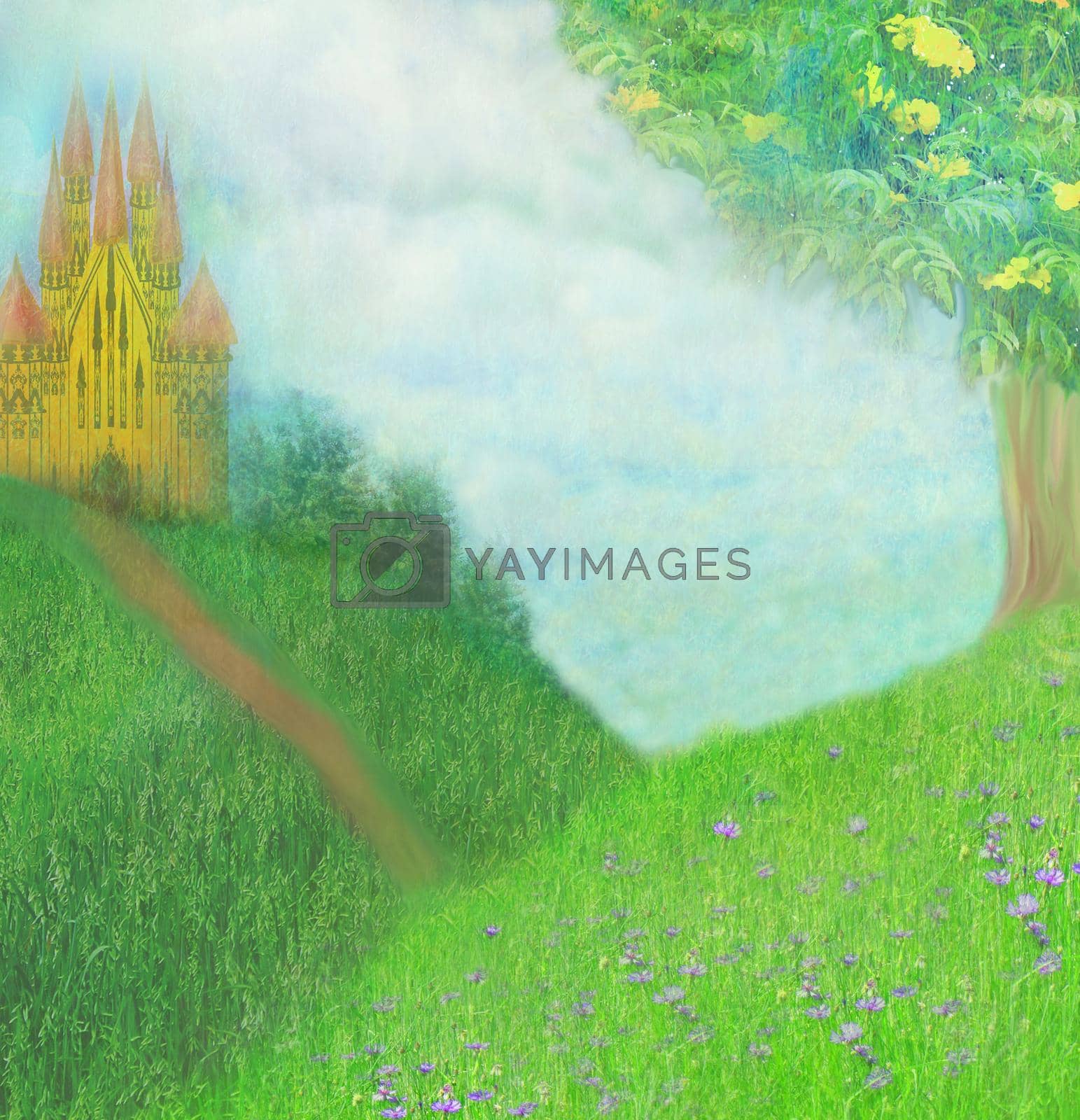 Royalty free image of Fantasy meadow with a fairytale tower  by JackyBrown