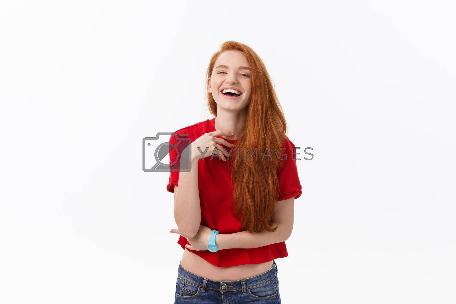 Royalty free image of Good-looking female with sincere smile rejoicing her success having good mood showing her positive emotions. Woman with gentle smile. by Benzoix