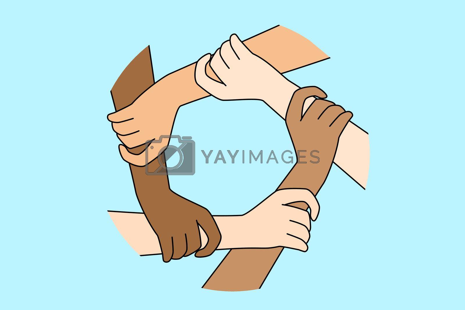 Closeup top view of diverse multicultural people stack hands show unity and support. Multiethnic friends join hand in circle involved in teambuilding. Teamwork. Vector illustration.