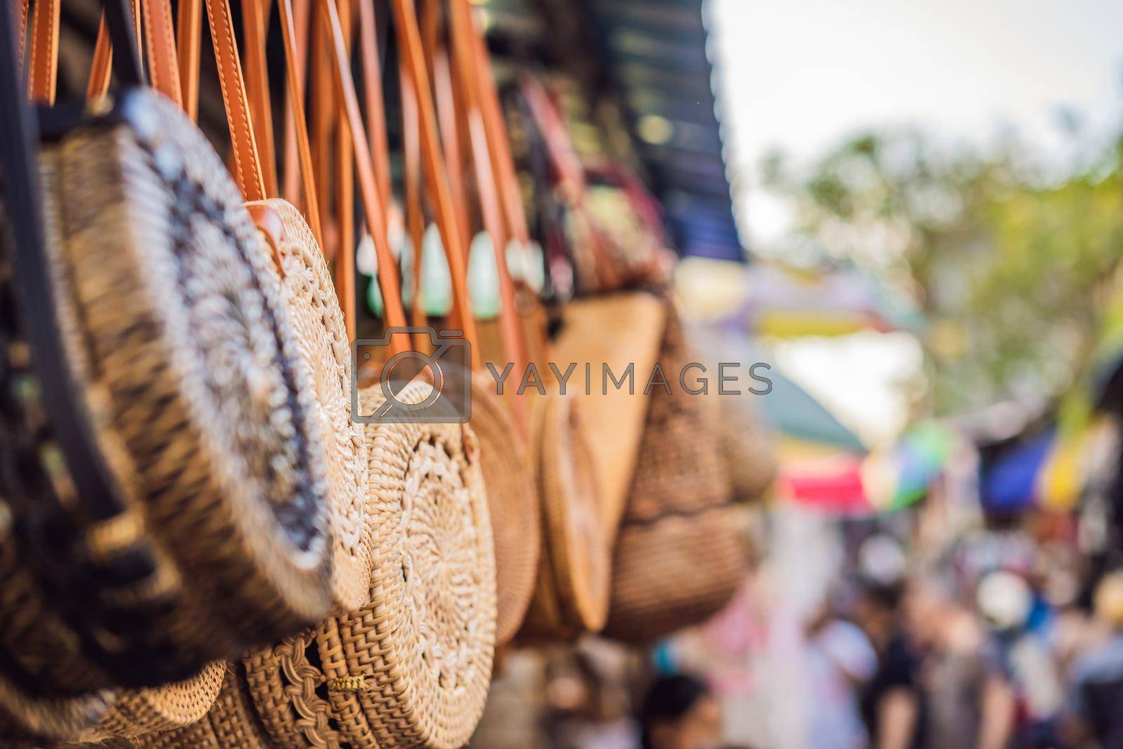Royalty free image of Typical souvenir shop selling souvenirs and handicrafts of Bali at the famous Ubud Market, Indonesia. Balinese market. Souvenirs of wood and crafts of local residents by galitskaya