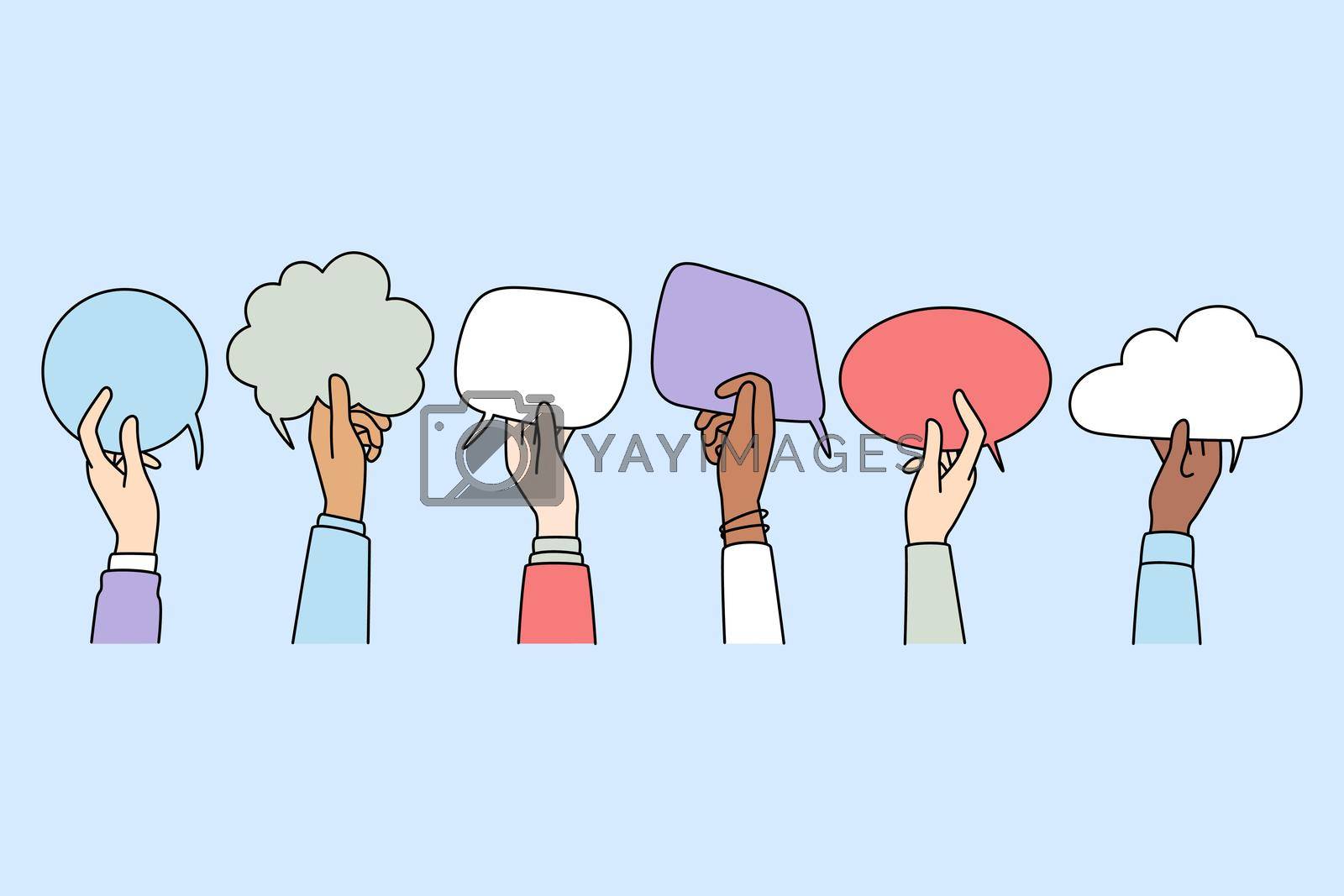 Multiracial people hands hold speech bubble share information. Diverse multicultural men and women with talk balloons chat and communicate online on messenger. Remote communication.
