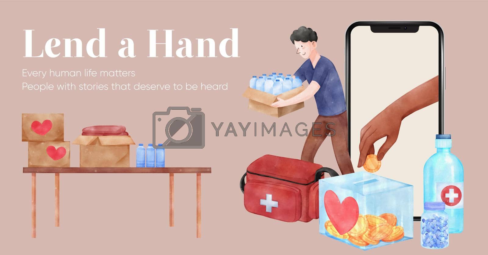 Royalty free image of Facebook template with humanitary aid refugees concept,watercolor by Photographeeasia