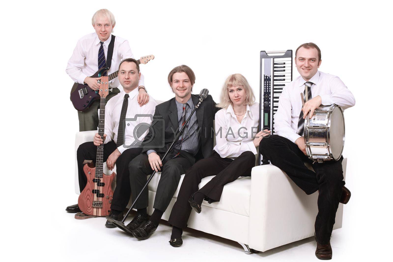 stylish band with instruments.isolated on a white background. people and Hobbies