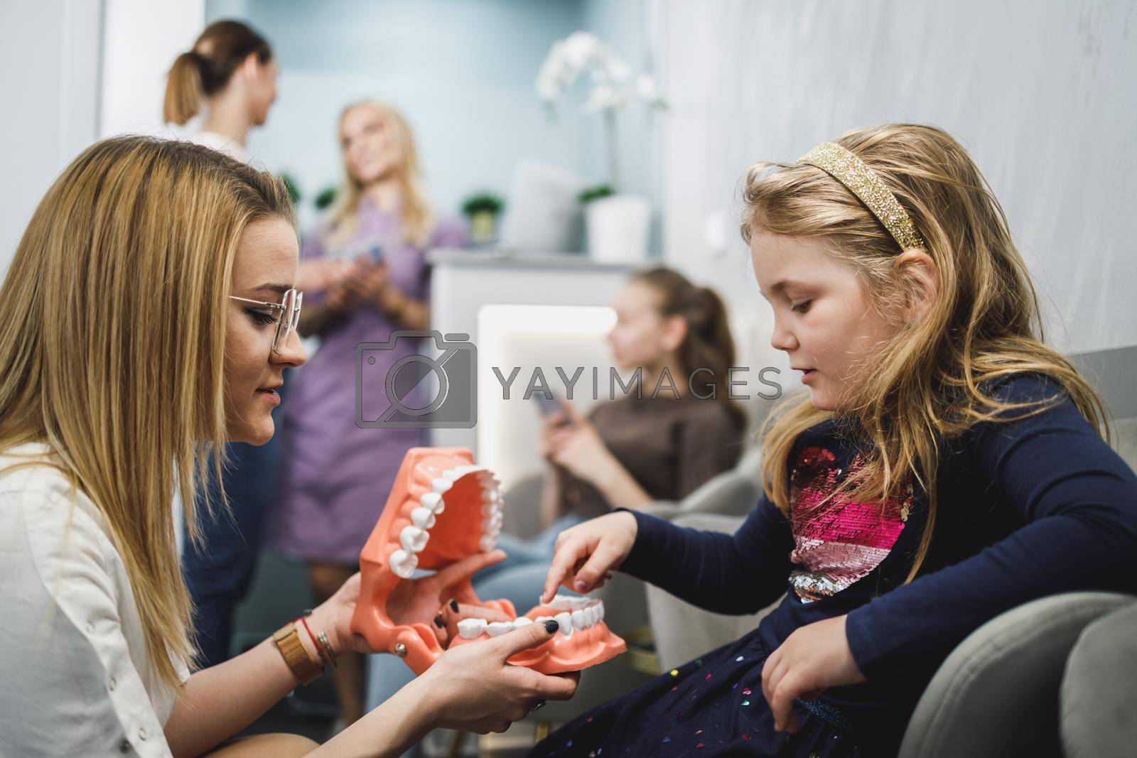 Female dentist and little girl holding model of teeth and communicating in waiting room at dentist's office.