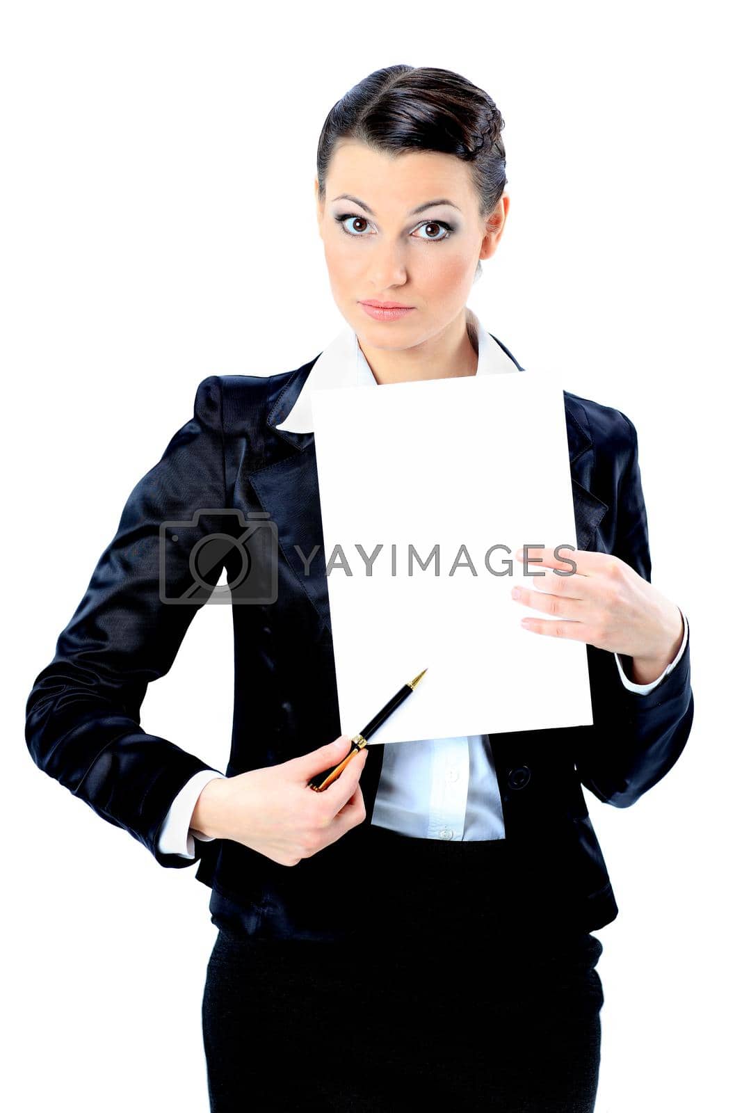 Royalty free image of Nice business woman with a white banner. Isolated on a white background. by SmartPhotoLab
